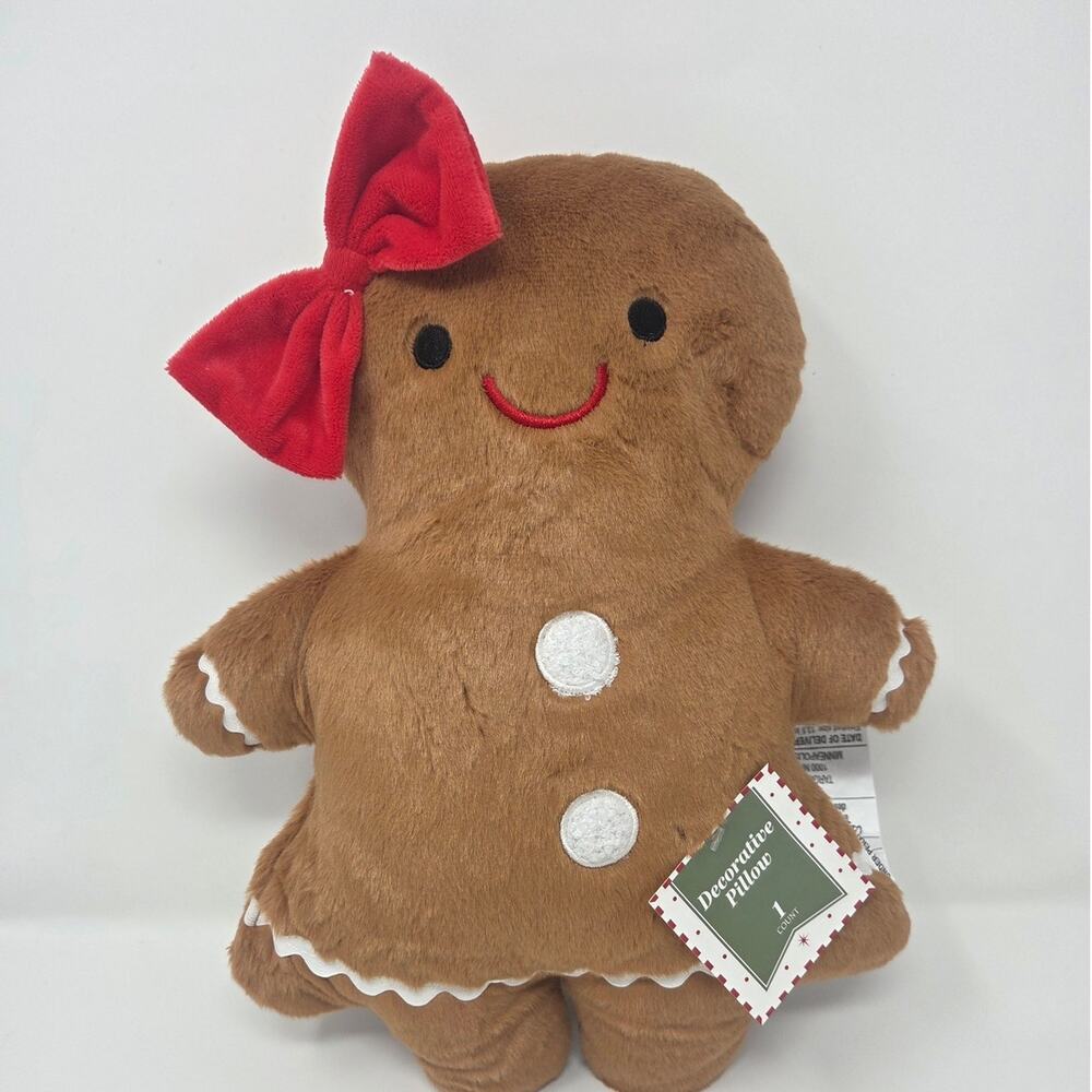 Red Bow Gingerbread Woman Decorative Christmas Pillow